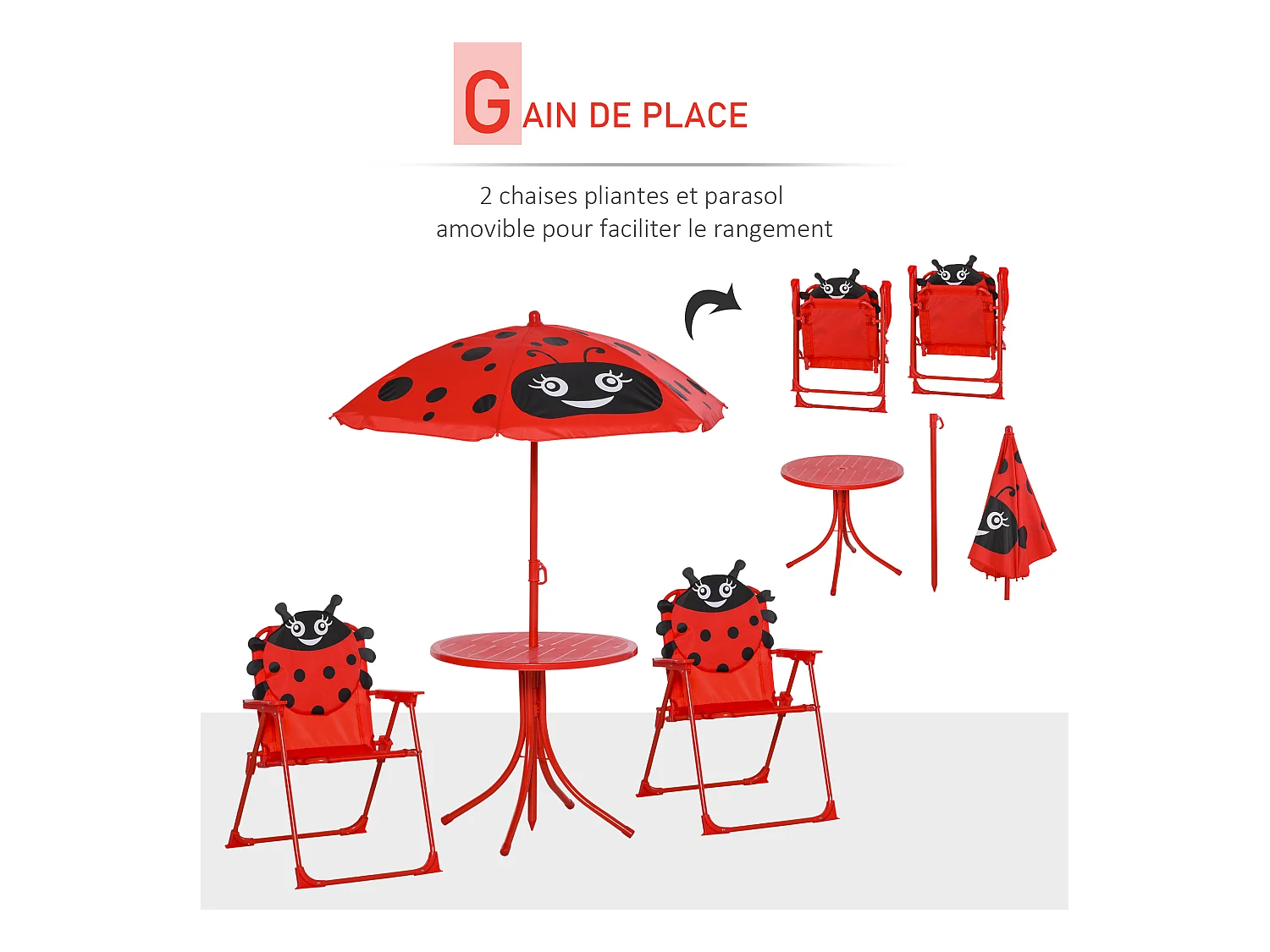 Ensemble salon de jardin enfant 4 pcs design coccinelle - table ronde + 2 chaises pliables + parasol - métal époxy oxford rouge