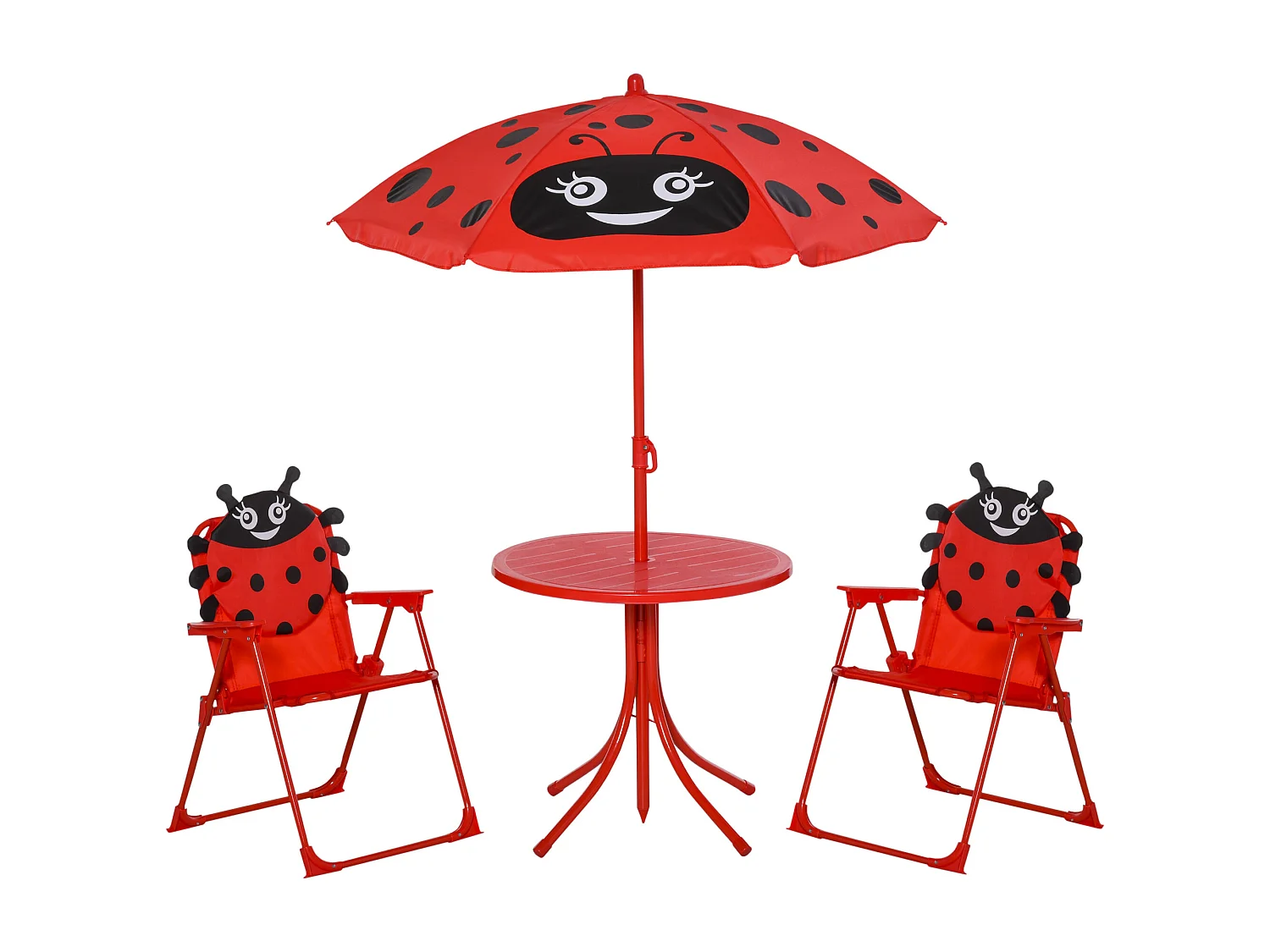 Ensemble salon de jardin enfant 4 pcs design coccinelle - table ronde + 2 chaises pliables + parasol - métal époxy oxford rouge