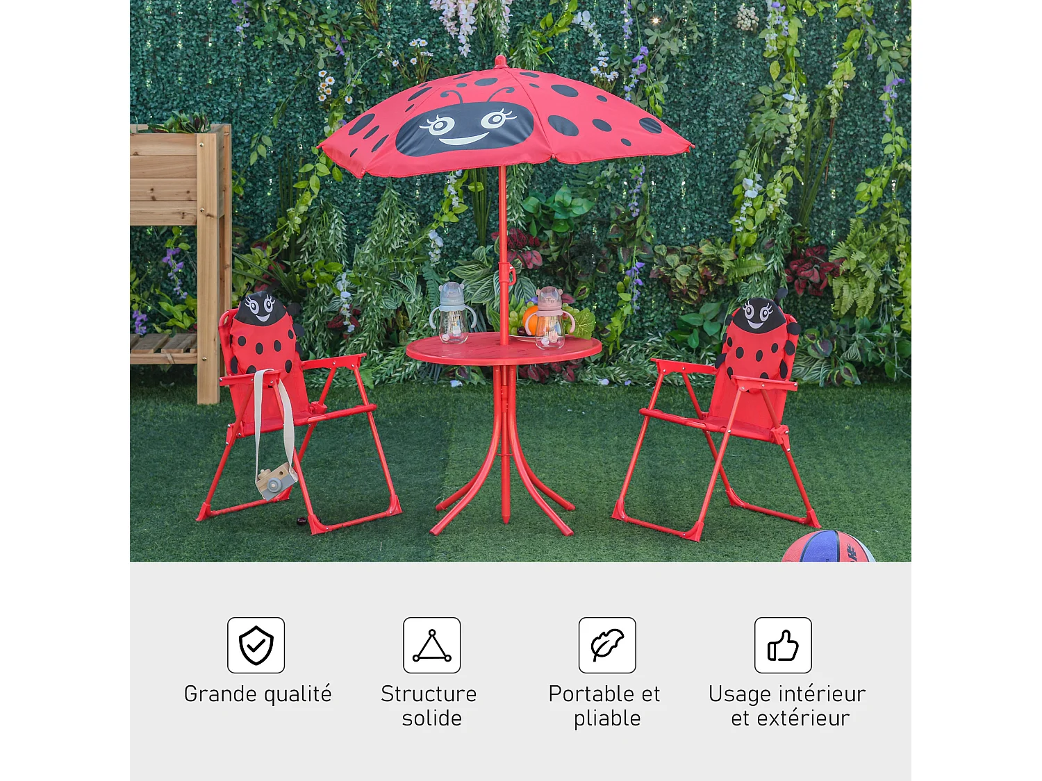 Ensemble salon de jardin enfant 4 pcs design coccinelle - table ronde + 2 chaises pliables + parasol - métal époxy oxford rouge