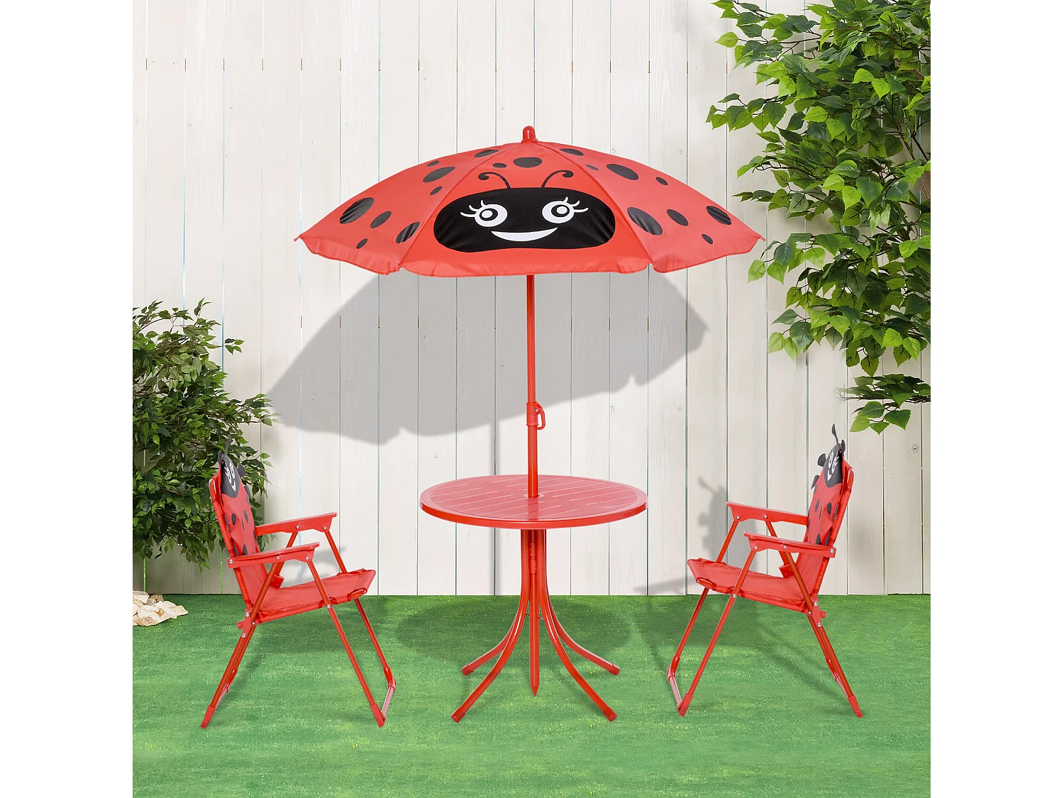 Ensemble salon de jardin enfant 4 pcs design coccinelle - table ronde + 2 chaises pliables + parasol - métal époxy oxford rouge