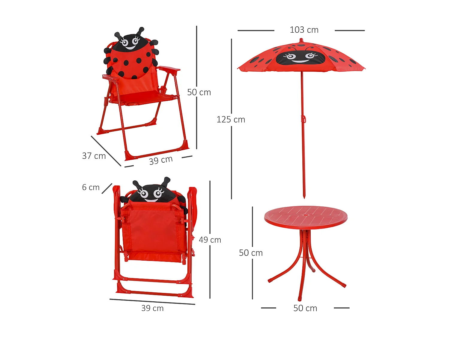 Ensemble salon de jardin enfant 4 pcs design coccinelle - table ronde + 2 chaises pliables + parasol - métal époxy oxford rouge