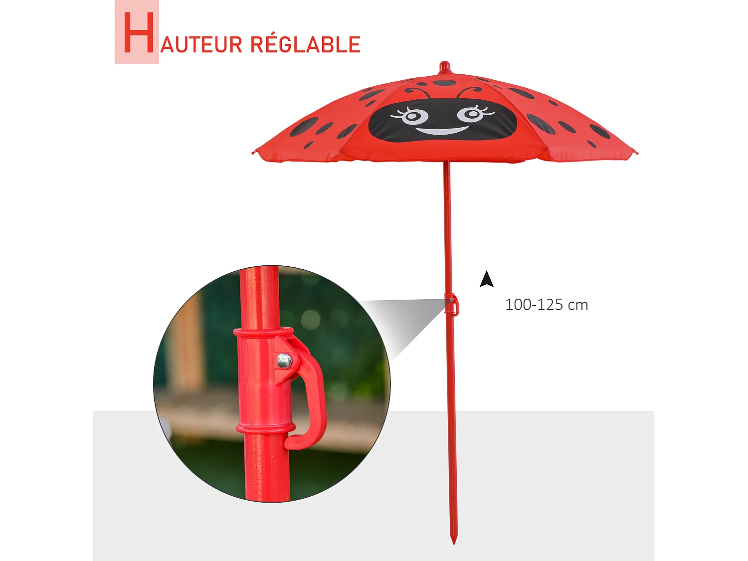 Ensemble salon de jardin enfant 4 pcs design coccinelle - table ronde + 2 chaises pliables + parasol - métal époxy oxford rouge