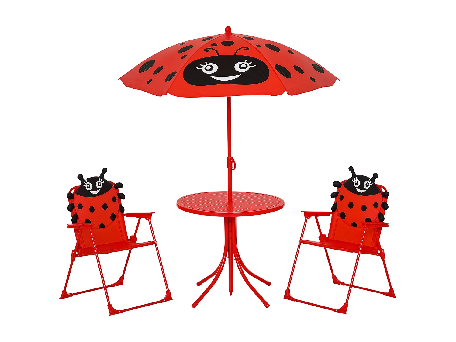 Ensemble salon de jardin enfant 4 pcs design coccinelle - table ronde + 2 chaises pliables + parasol - métal époxy oxford rouge