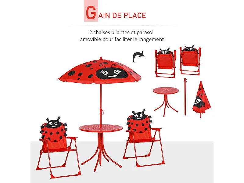 Ensemble salon de jardin enfant 4 pcs design coccinelle - table ronde + 2 chaises pliables + parasol - métal époxy oxford rouge