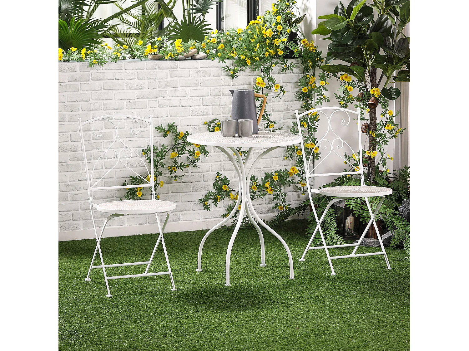 Ensemble de jardin bistro 3 pièces 2 chaises pliantes et table ronde - métal époxy, plateau mosaïque - blanc