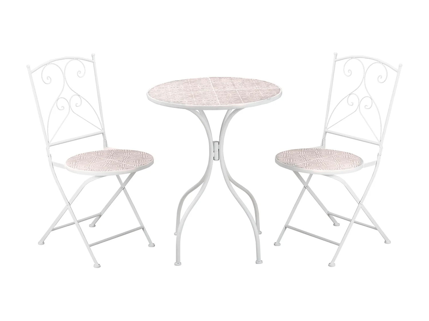 Ensemble de jardin bistro 3 pièces 2 chaises pliantes et table ronde - métal époxy, plateau mosaïque - blanc
