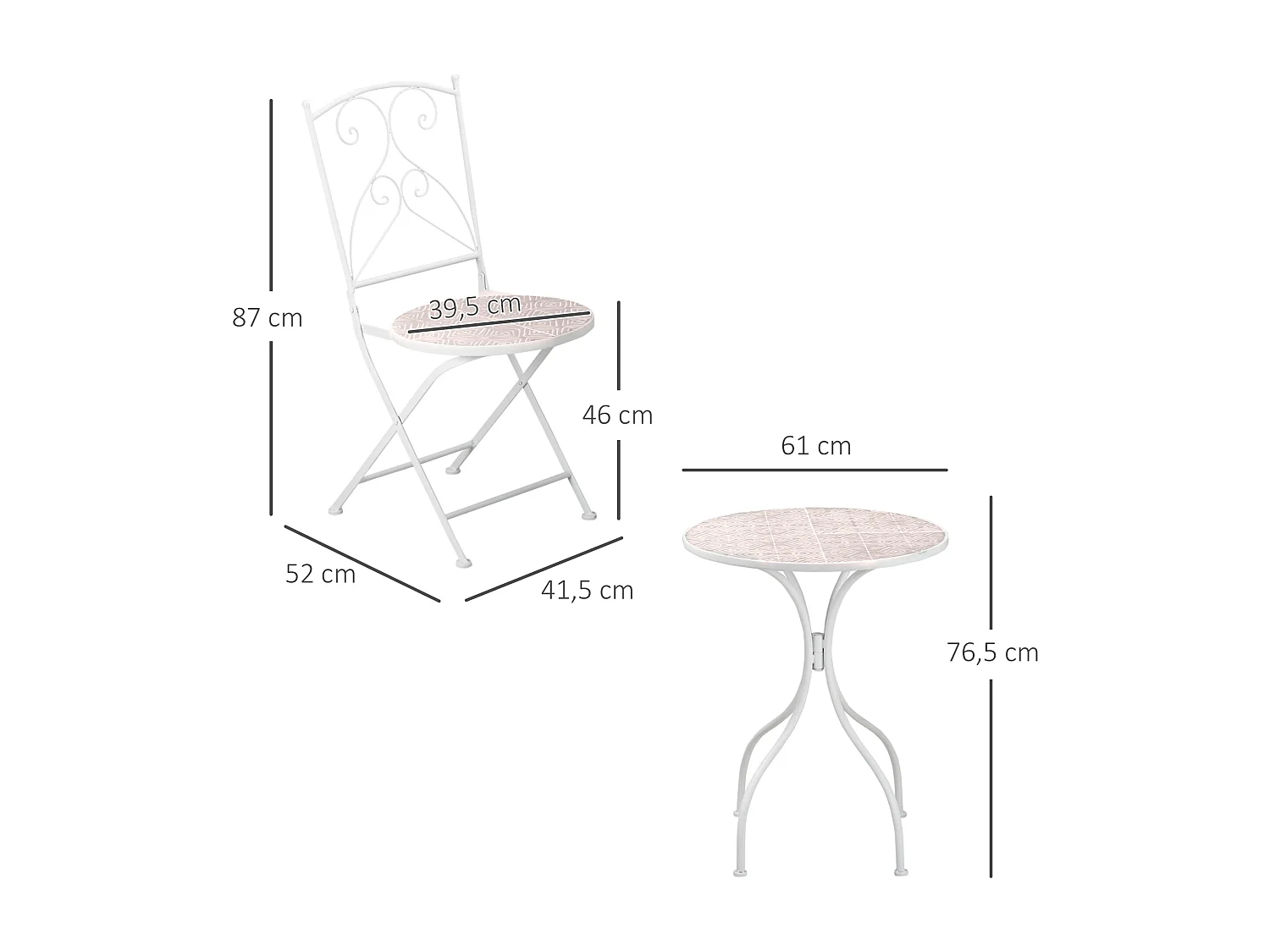 Ensemble de jardin bistro 3 pièces 2 chaises pliantes et table ronde - métal époxy, plateau mosaïque - blanc