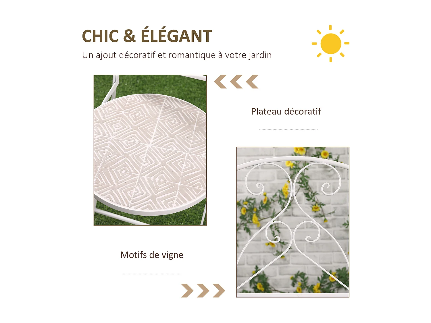 Ensemble de jardin bistro 3 pièces 2 chaises pliantes et table ronde - métal époxy, plateau mosaïque - blanc