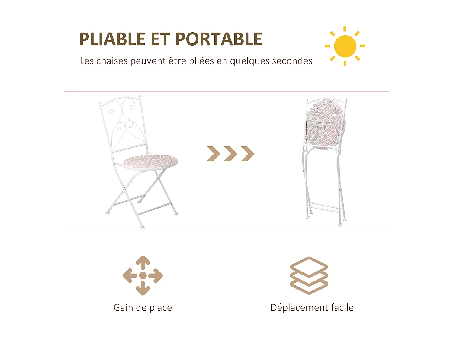 Ensemble de jardin bistro 3 pièces 2 chaises pliantes et table ronde - métal époxy, plateau mosaïque - blanc