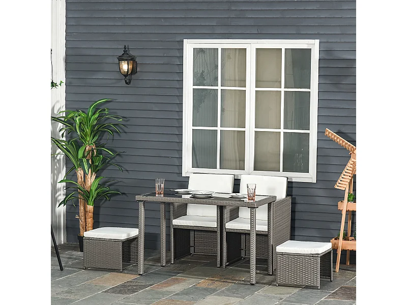 Outsunny Ensemble salon de jardin encastrable 2 fauteuils monoblocs + 2 tabourets + table basse résine tressée coussins déhoussables crème gris