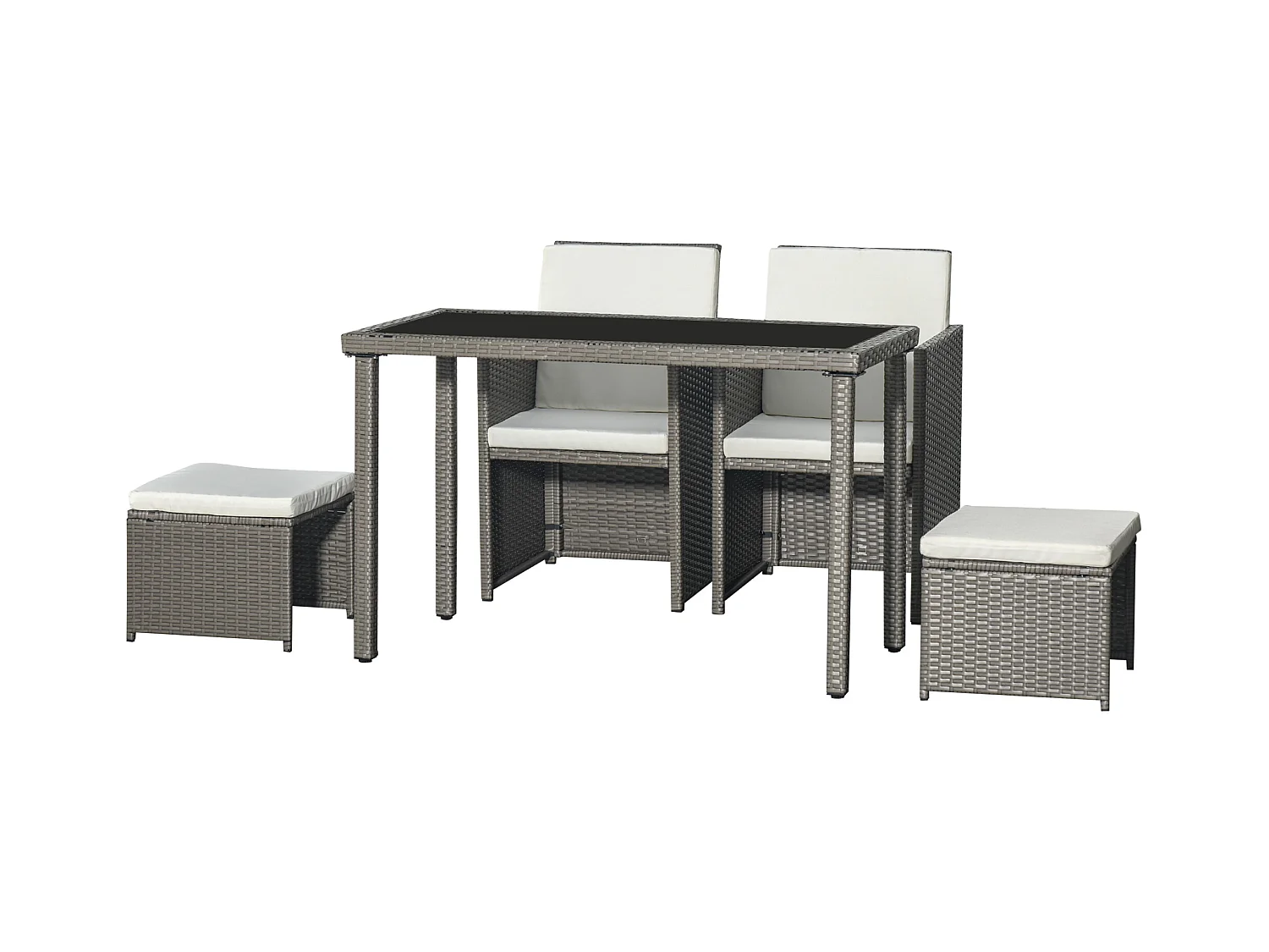 Outsunny Ensemble salon de jardin encastrable 2 fauteuils monoblocs + 2 tabourets + table basse résine tressée coussins déhoussables crème gris