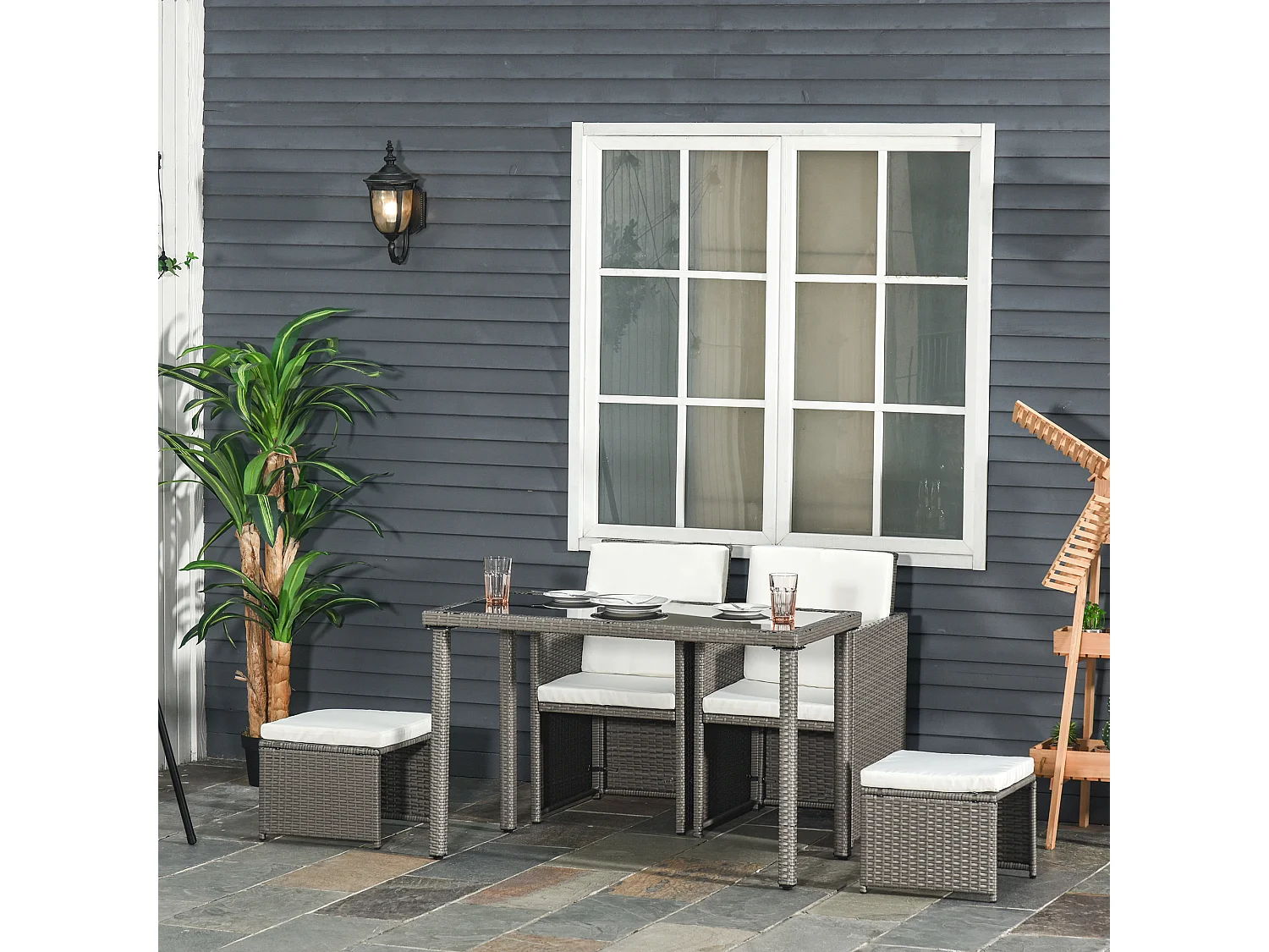 Outsunny Ensemble salon de jardin encastrable 2 fauteuils monoblocs + 2 tabourets + table basse résine tressée coussins déhoussables crème gris