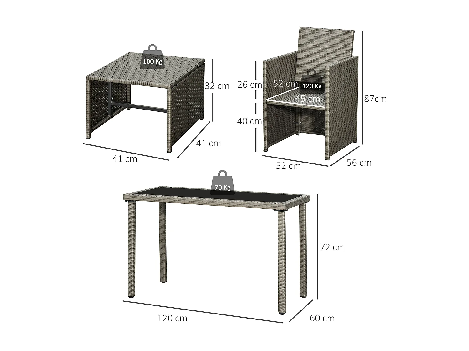 Outsunny Ensemble salon de jardin encastrable 2 fauteuils monoblocs + 2 tabourets + table basse résine tressée coussins déhoussables crème gris