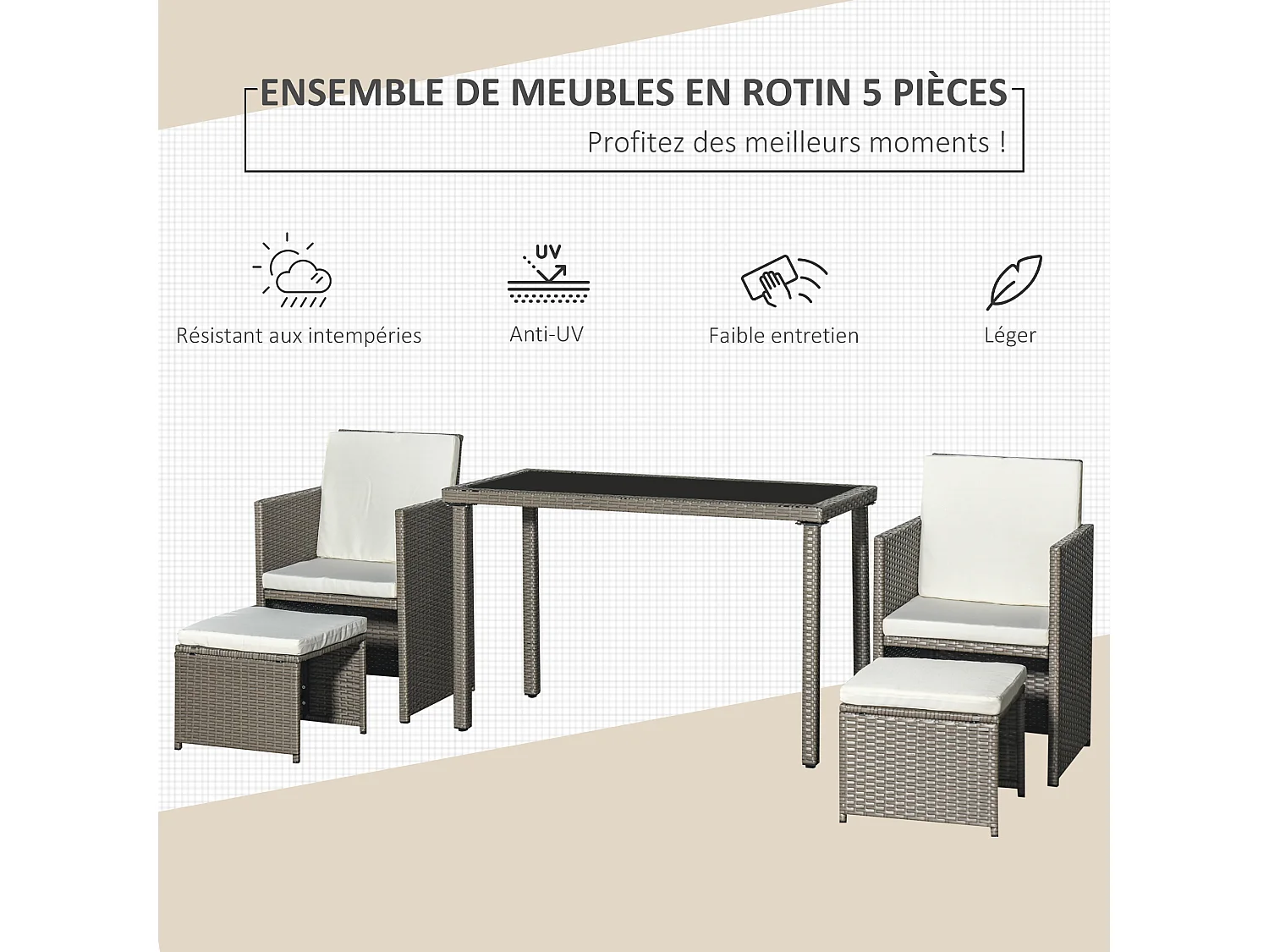 Outsunny Ensemble salon de jardin encastrable 2 fauteuils monoblocs + 2 tabourets + table basse résine tressée coussins déhoussables crème gris