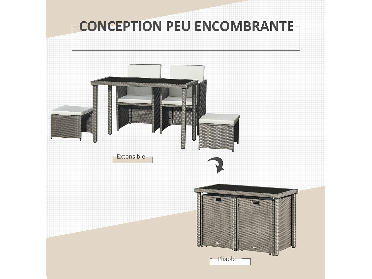 Outsunny Ensemble salon de jardin encastrable 2 fauteuils monoblocs + 2 tabourets + table basse résine tressée coussins déhoussables crème gris