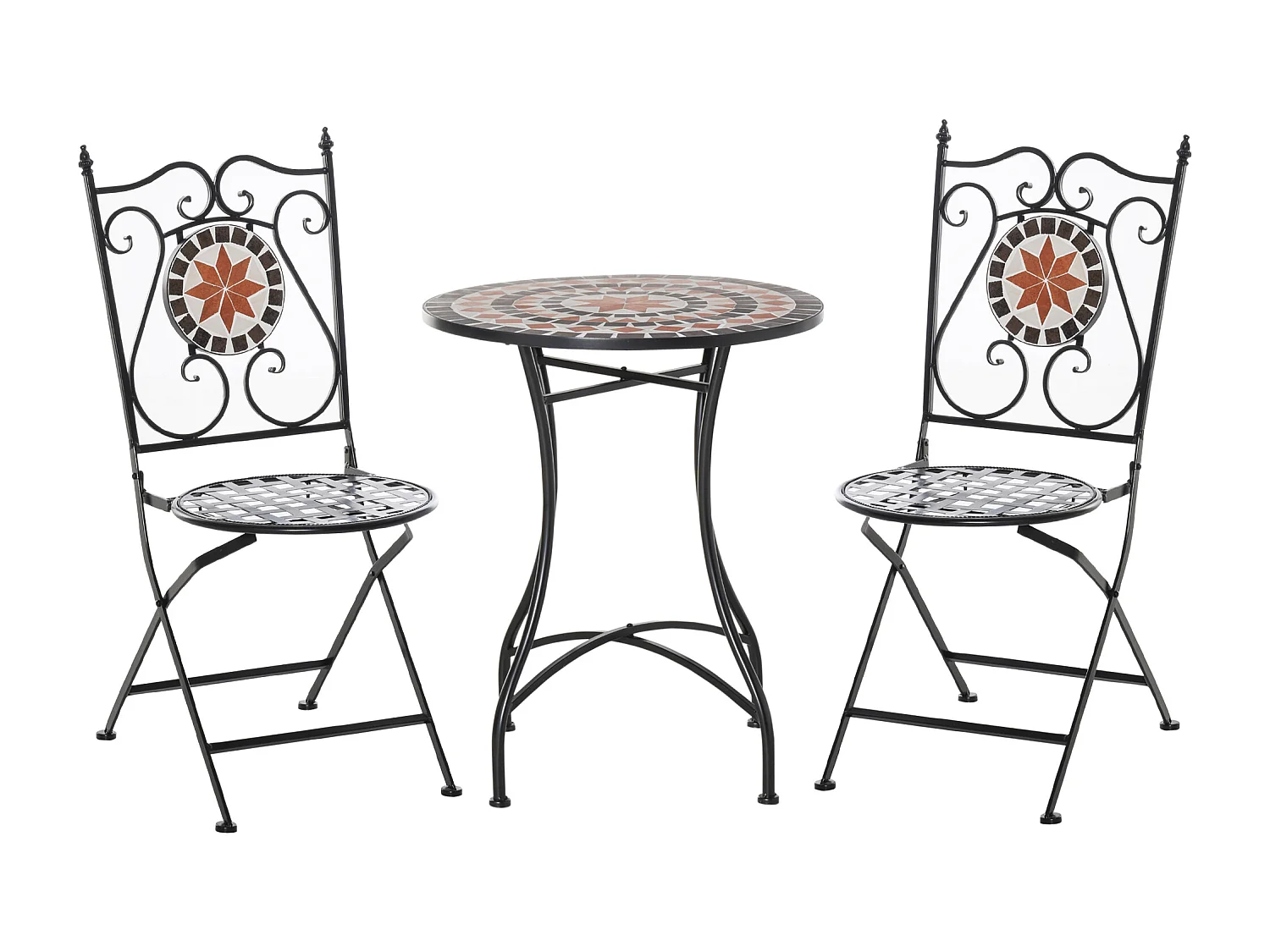 Ensemble bistro 2 places 3 pièces style fer forgé mosaïque céramique motif rose des vents chaises pliables métal époxy noir