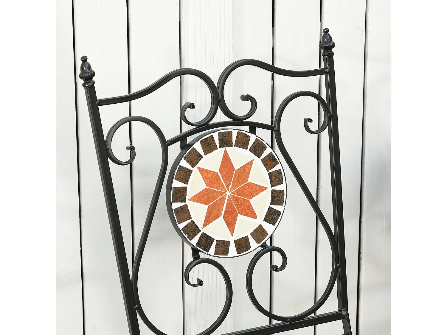 Ensemble bistro 2 places 3 pièces style fer forgé mosaïque céramique motif rose des vents chaises pliables métal époxy noir