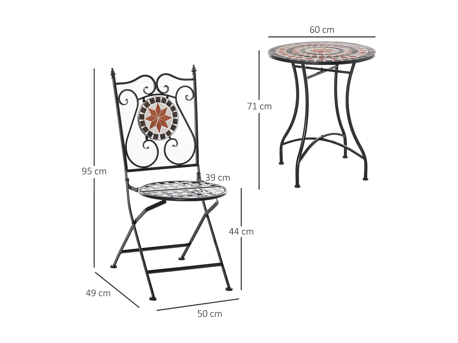 Ensemble bistro 2 places 3 pièces style fer forgé mosaïque céramique motif rose des vents chaises pliables métal époxy noir