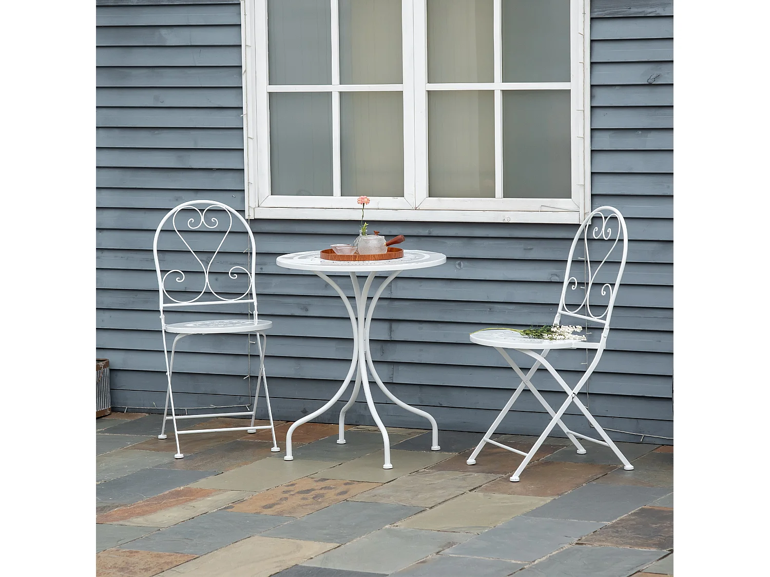 Ensemble de jardin bistro 3 pièces 2 chaises pliantes et table ronde en métal époxy blanc