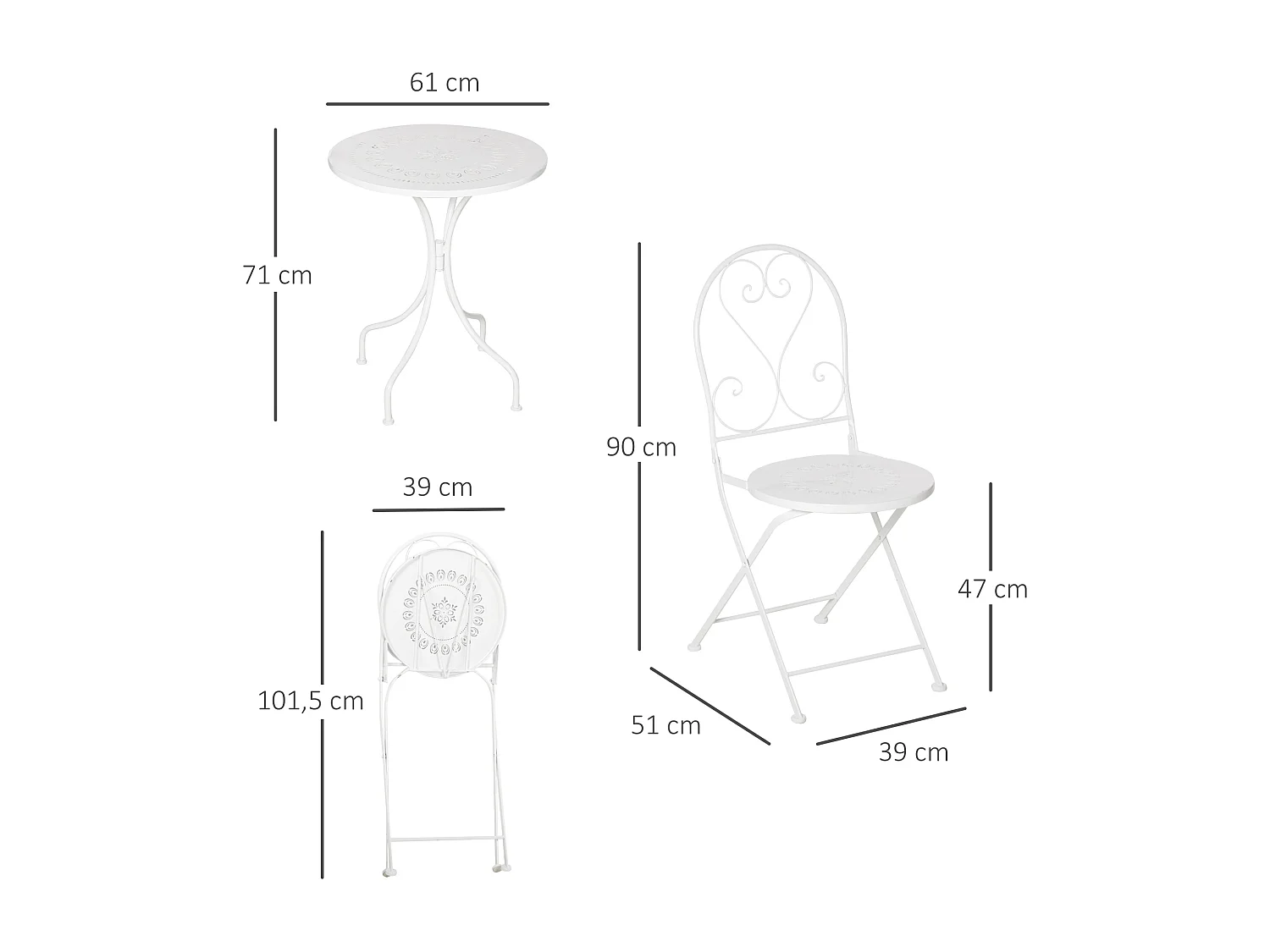 Ensemble de jardin bistro 3 pièces 2 chaises pliantes et table ronde en métal époxy blanc