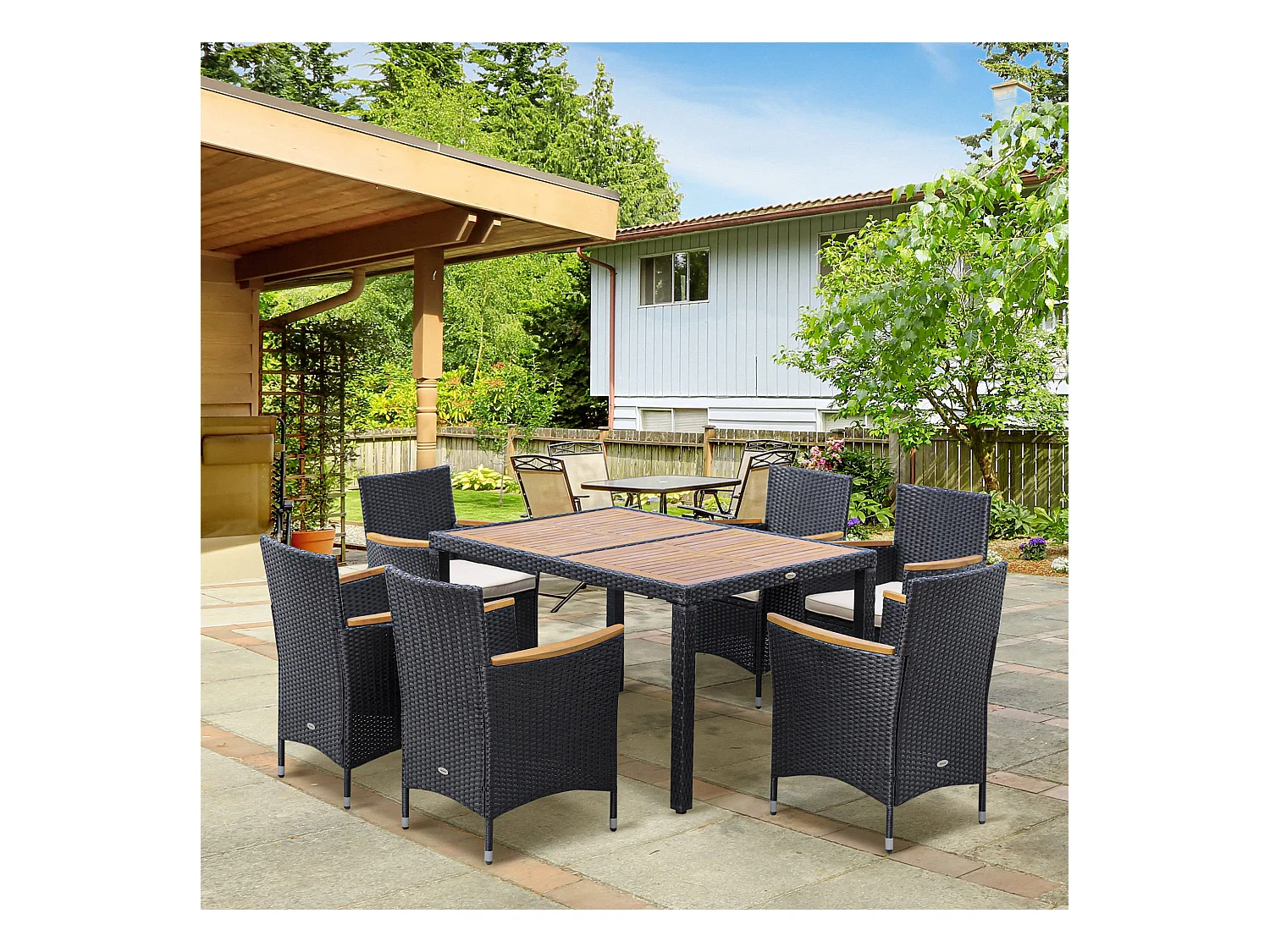 Ensemble salon de jardin 6 places style colonial coussins zippés déperlants résine tressée 4 fils bois d'acacia pré-huilé