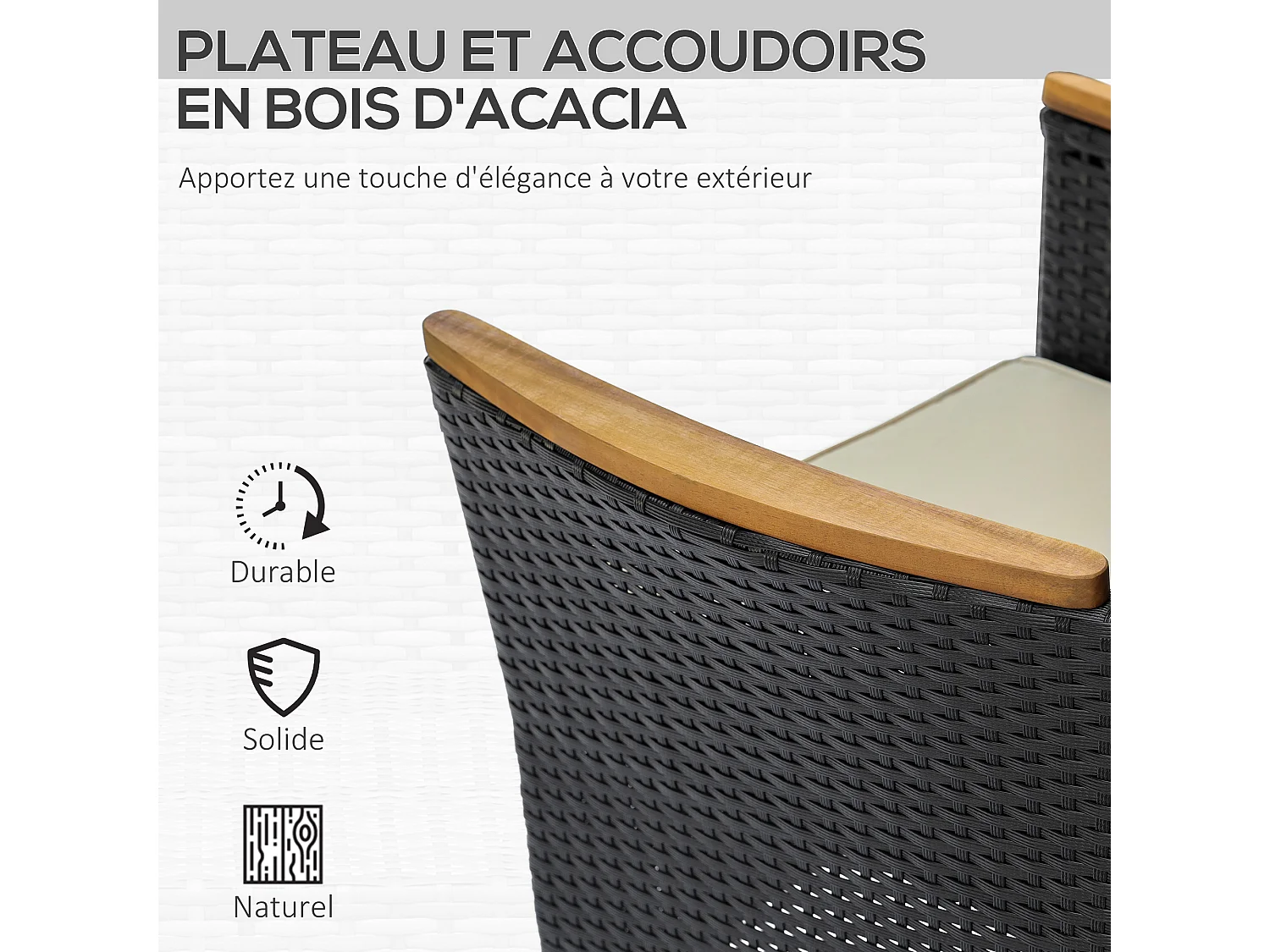 Ensemble salon de jardin 6 places style colonial coussins zippés déperlants résine tressée 4 fils bois d'acacia pré-huilé