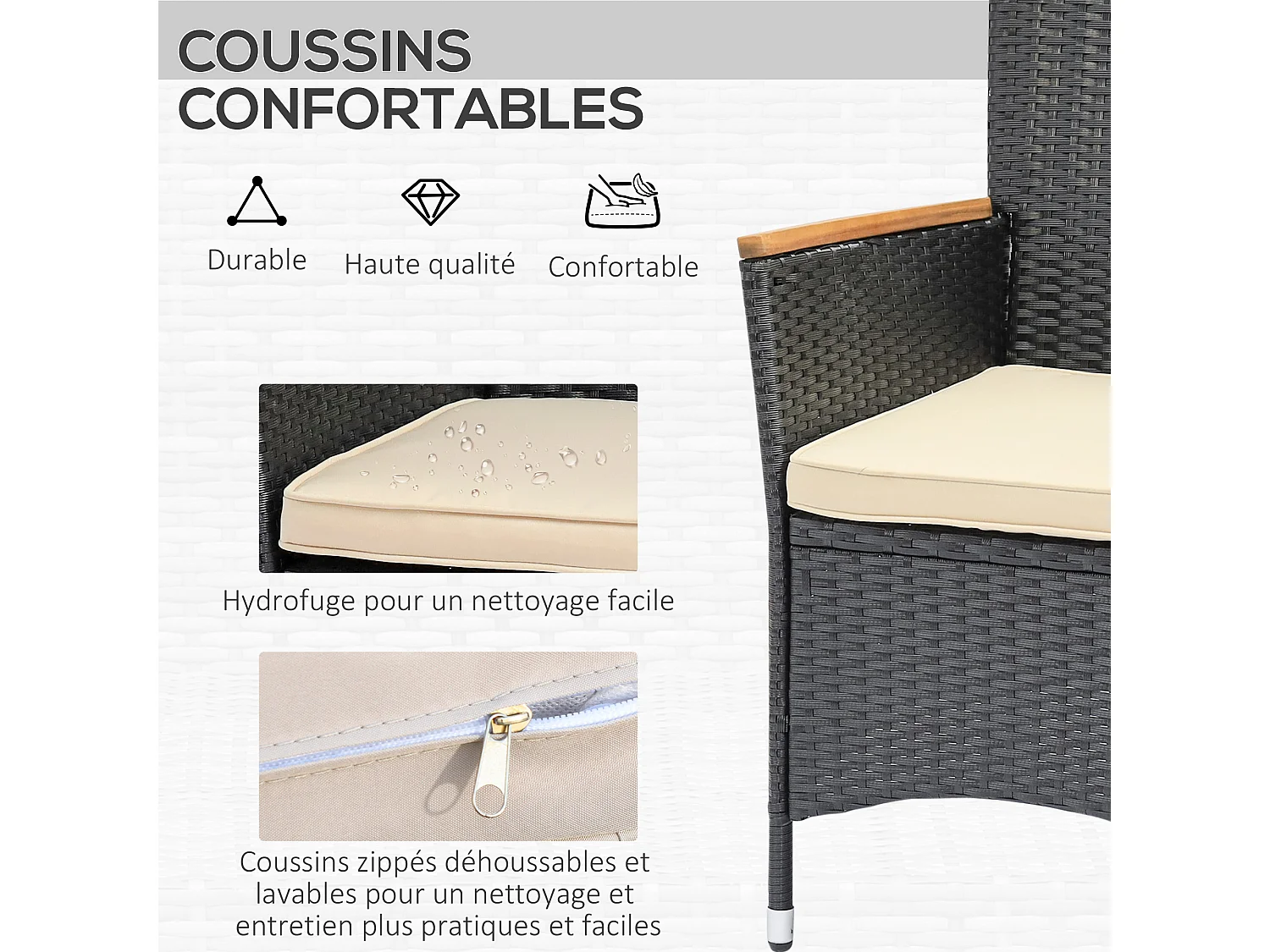 Ensemble salon de jardin 6 places style colonial coussins zippés déperlants résine tressée 4 fils bois d'acacia pré-huilé