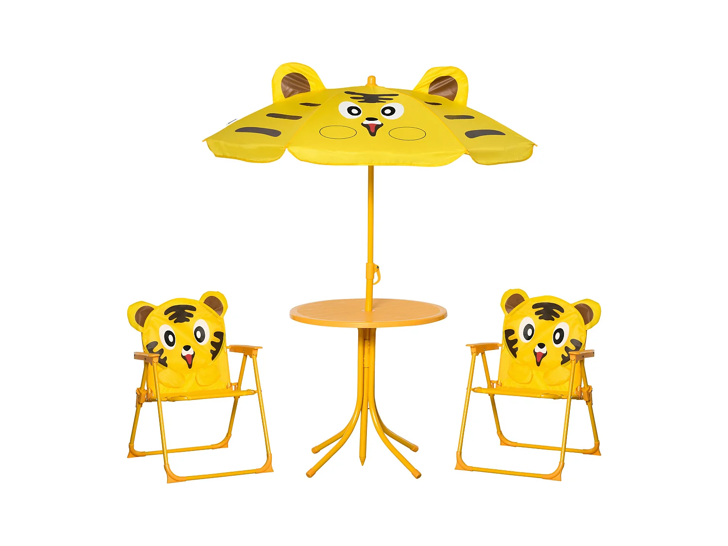 Ensemble salon de jardin enfant 4 pcs design tigre - table ronde + 2 chaises pliables + parasol - métal époxy oxford jaune