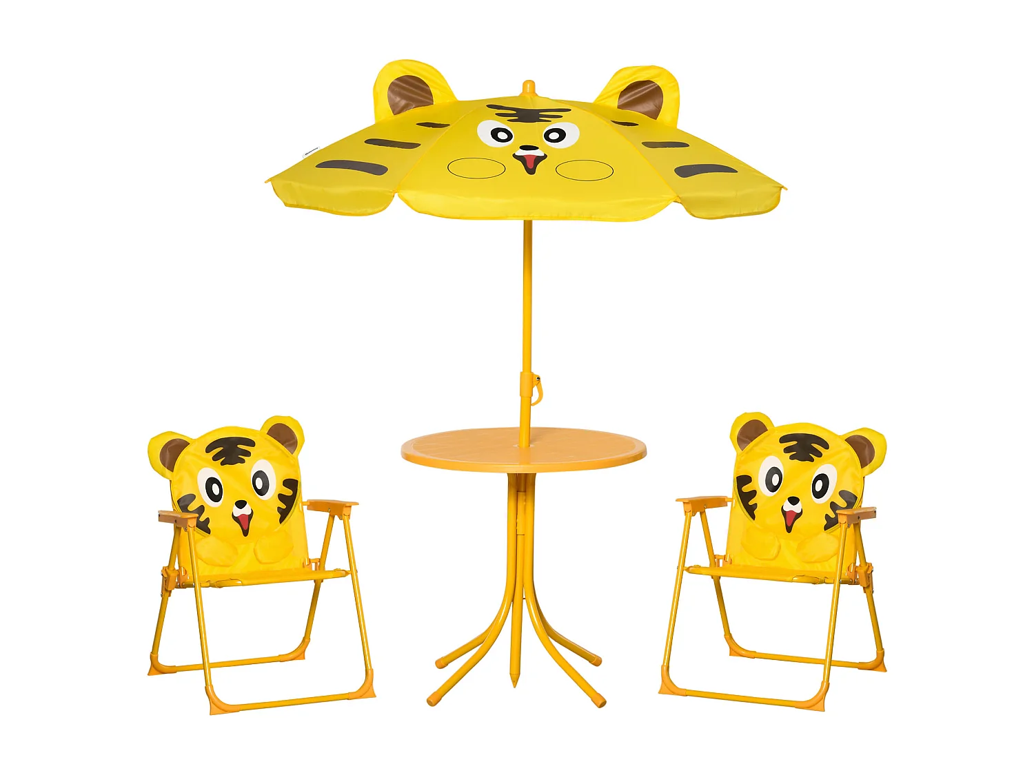 Ensemble salon de jardin enfant 4 pcs design tigre - table ronde + 2 chaises pliables + parasol - métal époxy oxford jaune