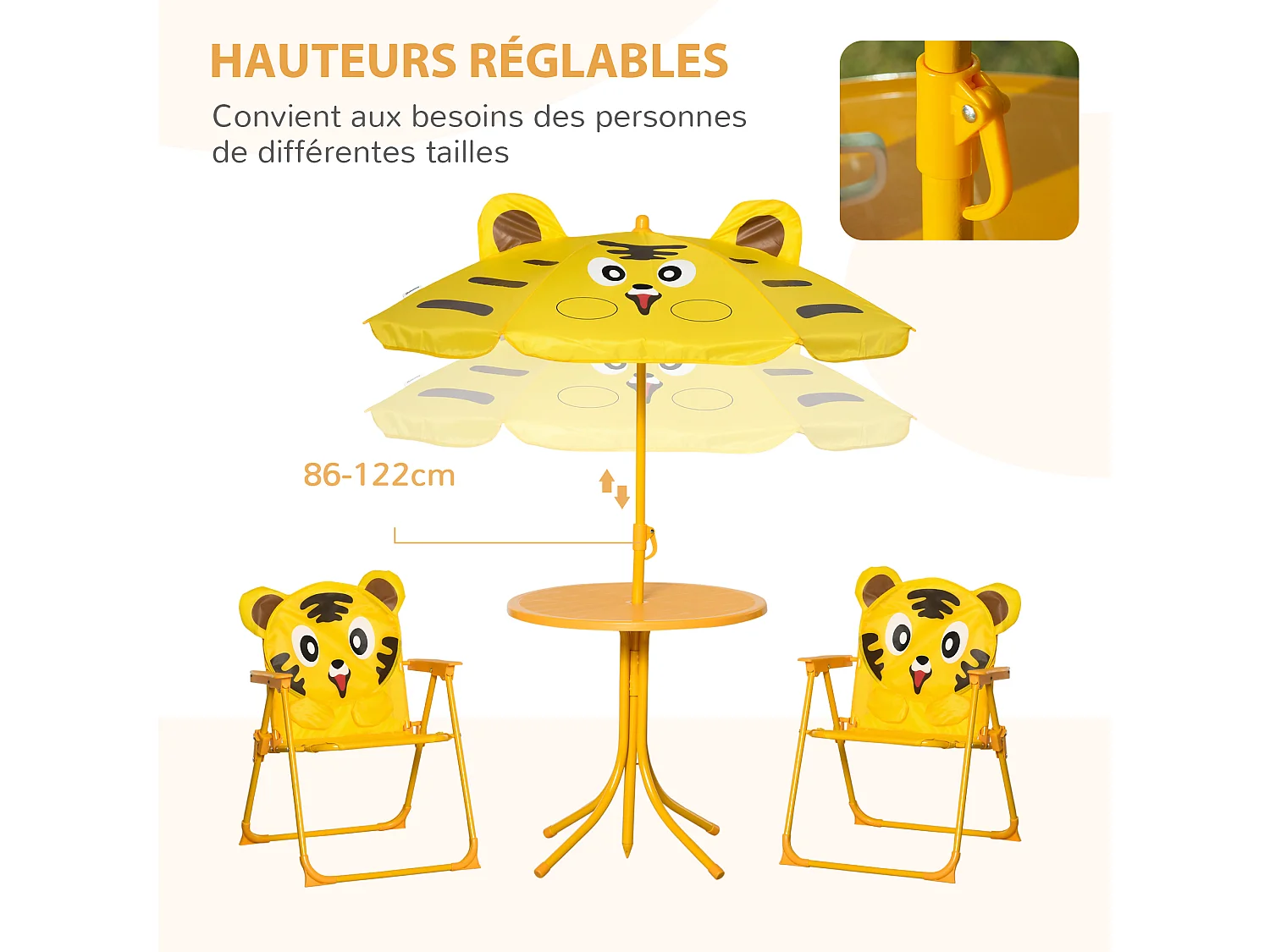 Ensemble salon de jardin enfant 4 pcs design tigre - table ronde + 2 chaises pliables + parasol - métal époxy oxford jaune