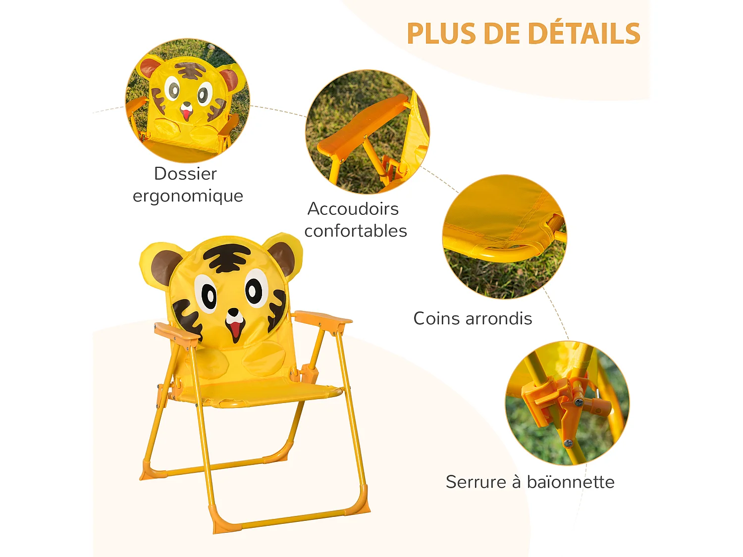 Ensemble salon de jardin enfant 4 pcs design tigre - table ronde + 2 chaises pliables + parasol - métal époxy oxford jaune