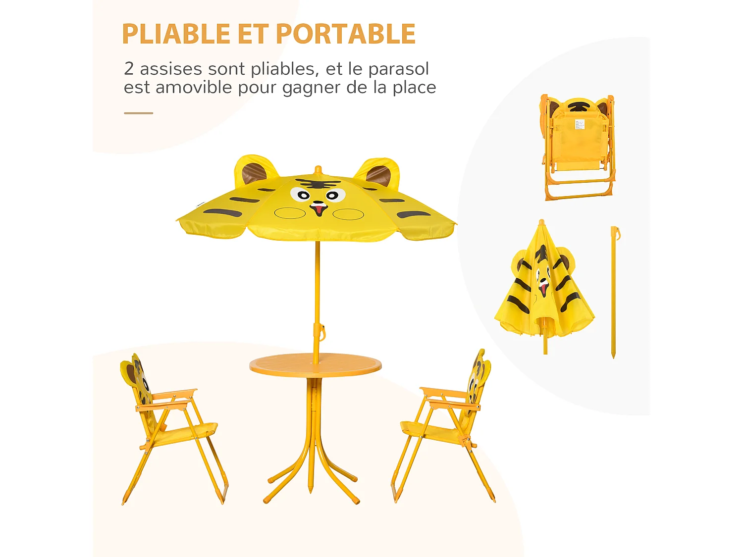 Ensemble salon de jardin enfant 4 pcs design tigre - table ronde + 2 chaises pliables + parasol - métal époxy oxford jaune