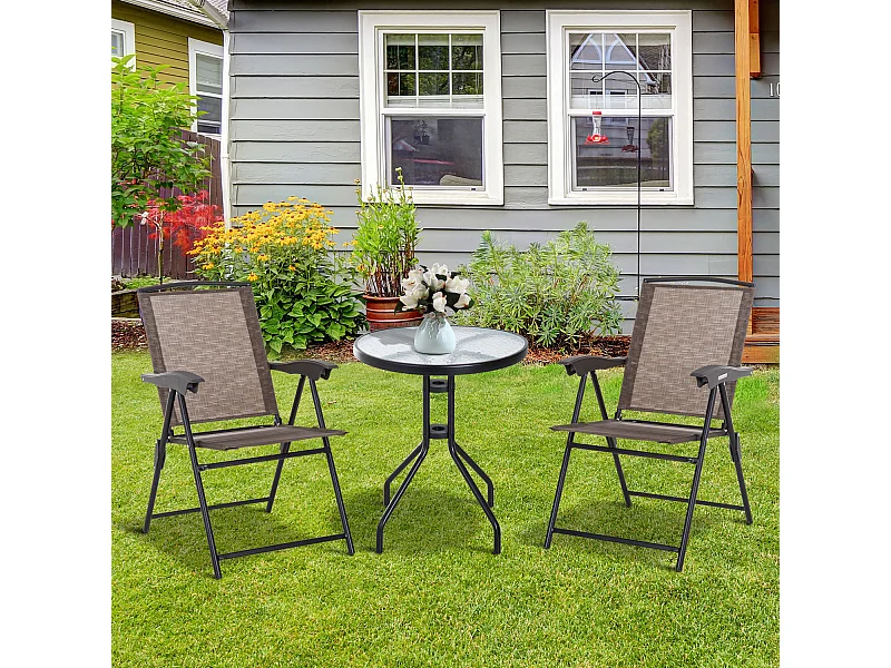Ensemble de jardin 3 pièces 2 chaises inclinables multi-positions pliables + table ronde verre trempé métal époxy textilène chocolat