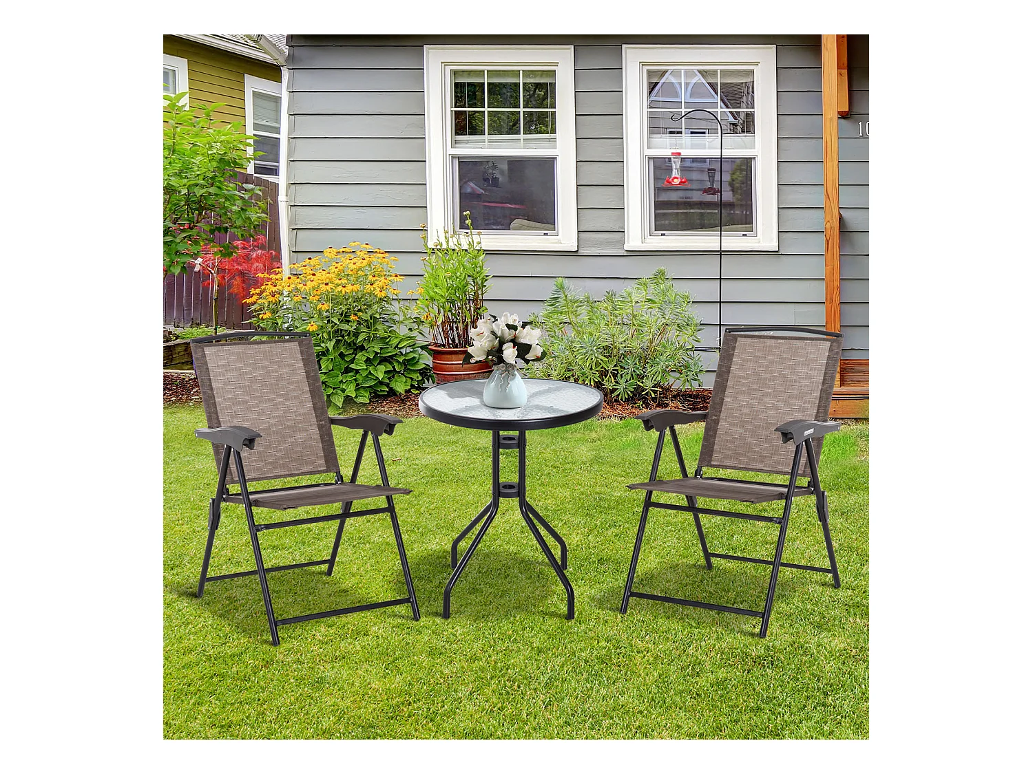 Ensemble de jardin 3 pièces 2 chaises inclinables multi-positions pliables + table ronde verre trempé métal époxy textilène chocolat