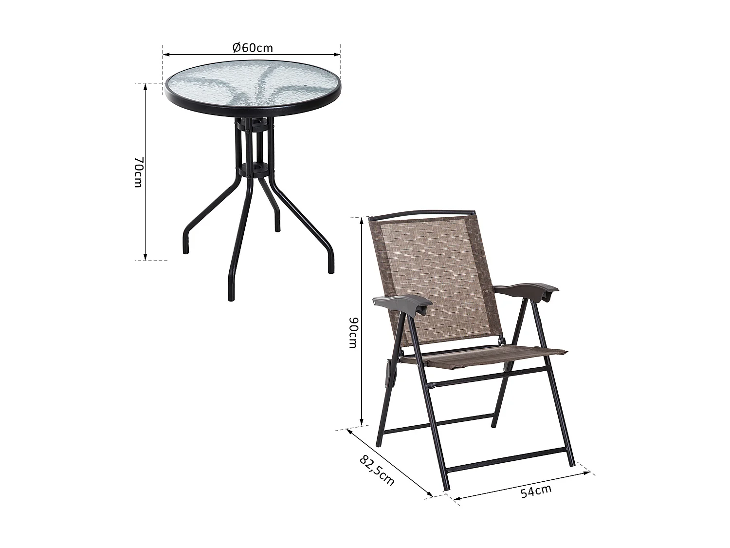 Ensemble de jardin 3 pièces 2 chaises inclinables multi-positions pliables + table ronde verre trempé métal époxy textilène chocolat