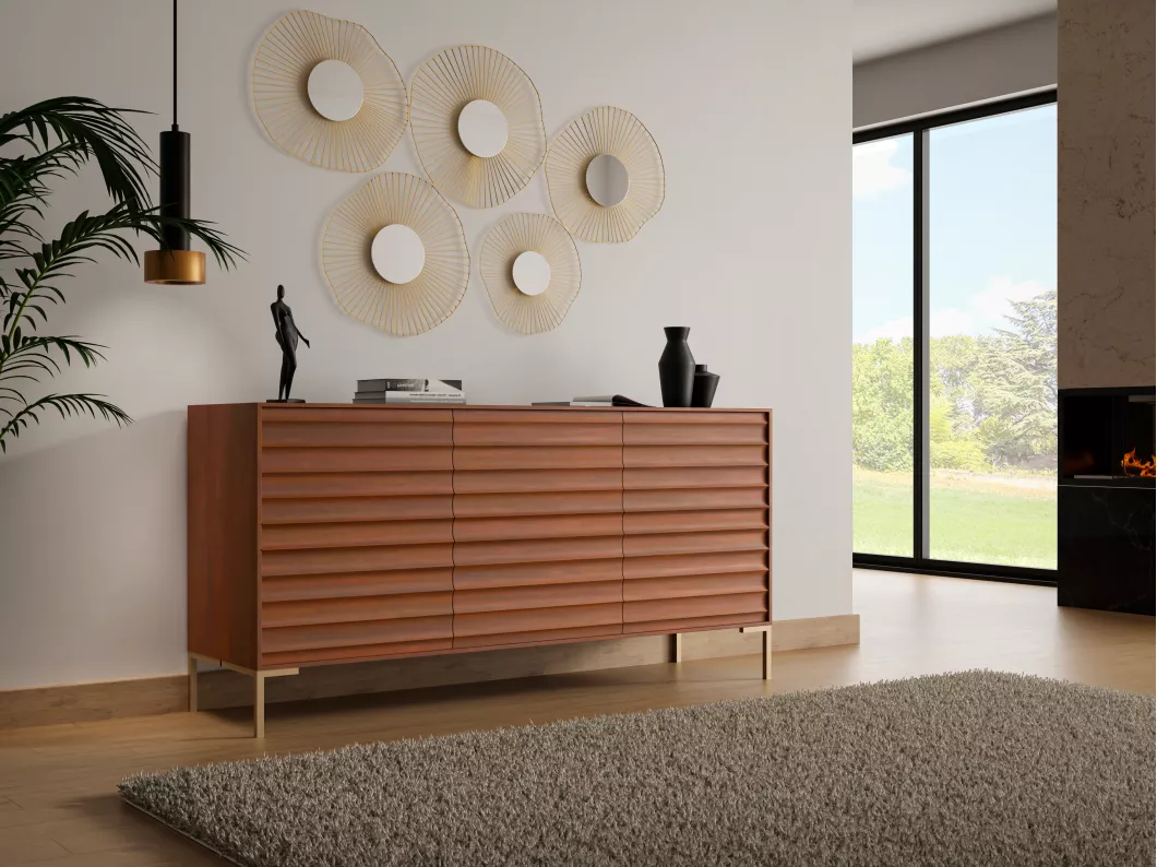 Kauf Unique Sideboard mit 3 Türen - Mangoholz & goldfarbenes Metall - Holzfarben dunkel - MAODISA