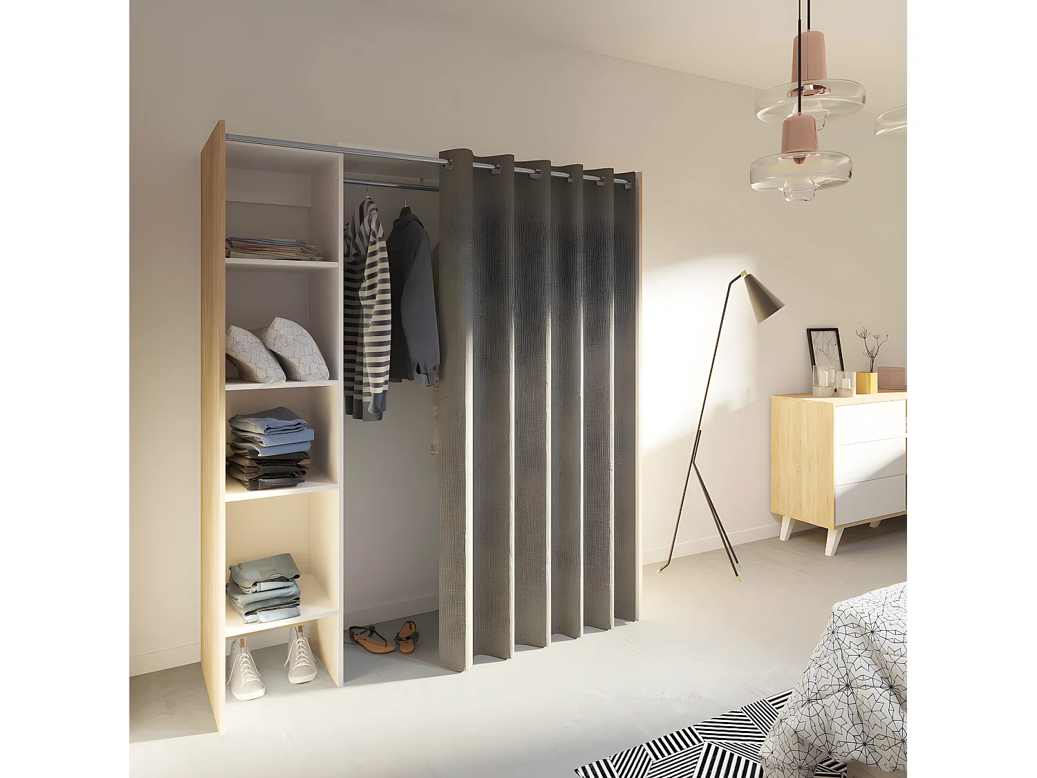 Dressing TOM une colonne - chêne naturel et rideau écru - SYMBIOSIS