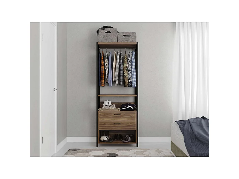 Dressing Ouvert L. 73 cm Noyer et Noir 2 Tiroirs