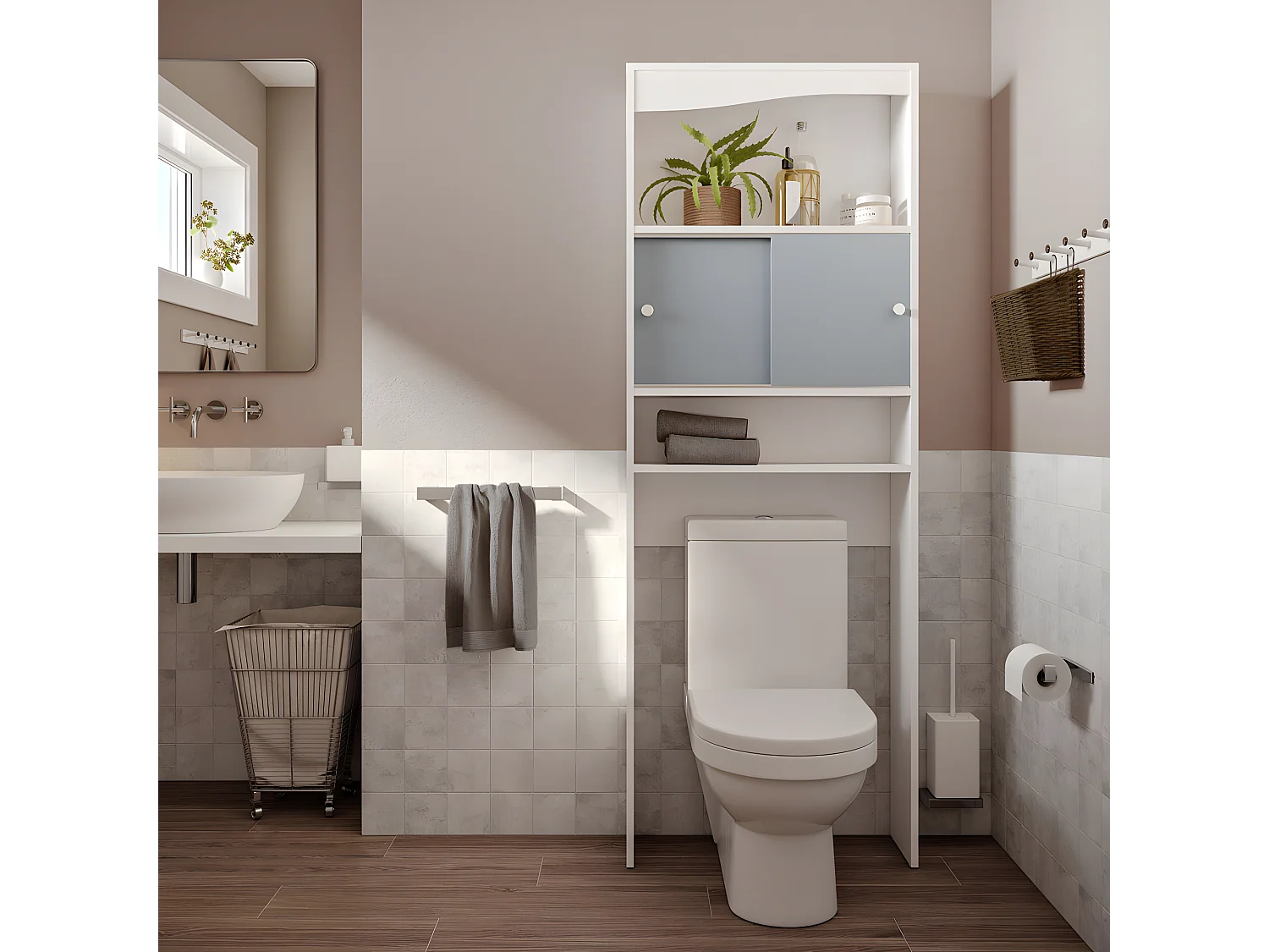 Meuble wc WAVE Blanc et Chêne naturel 64 X 177