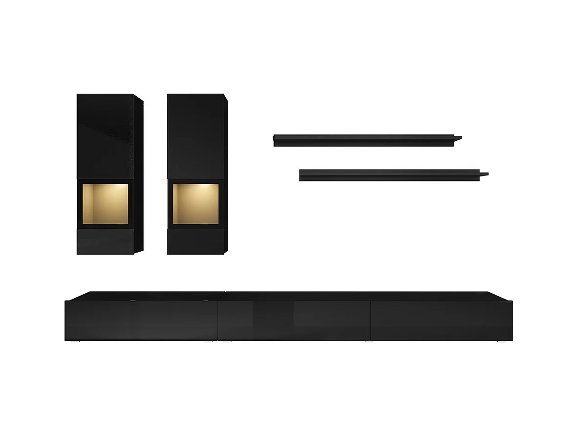 Conjunto de móveis para sala de estar coleção RAMOS. Cor preto brilhante. LED integrado.