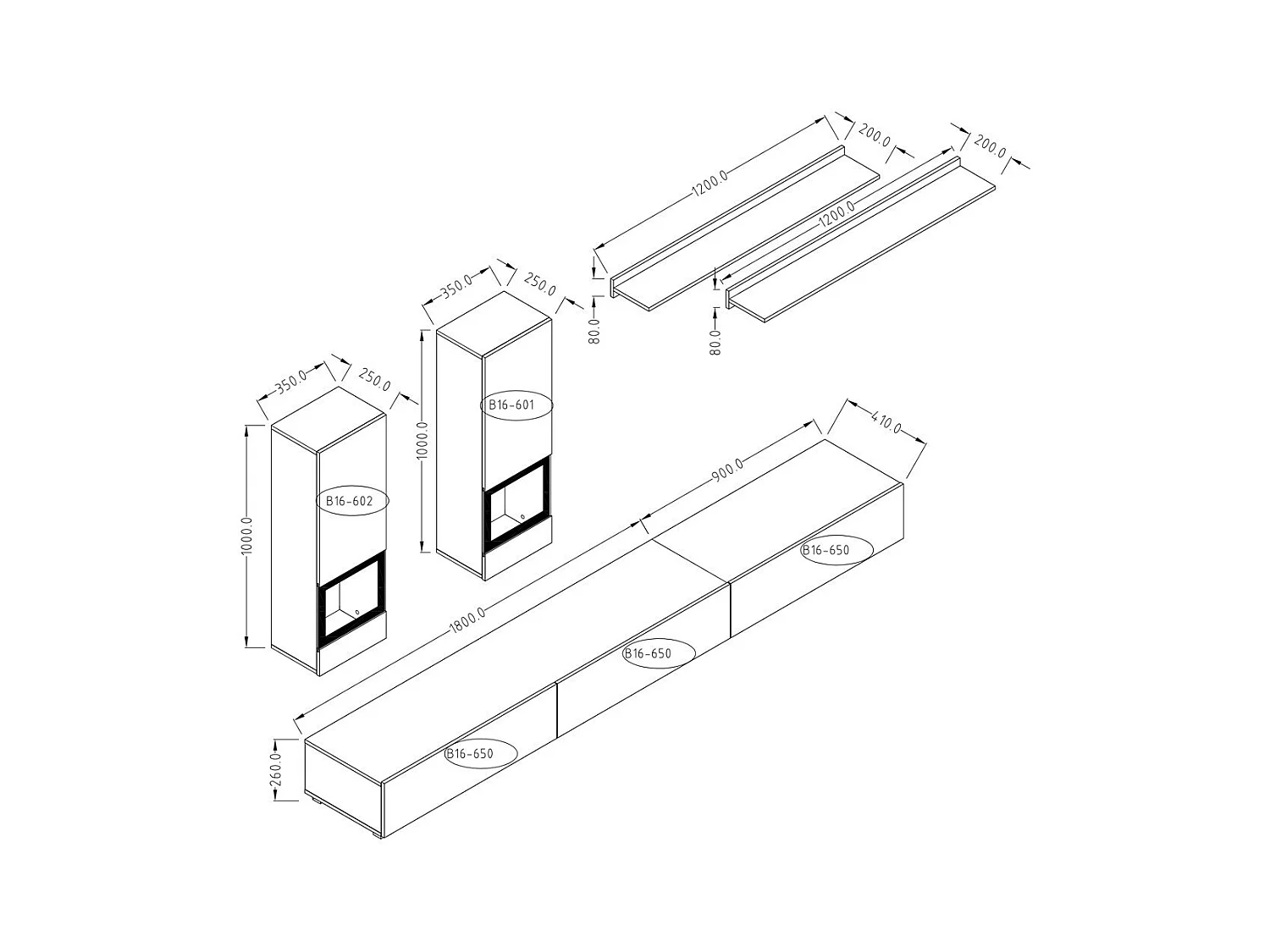 Conjunto de móveis para sala de estar coleção RAMOS. Cor preto brilhante. LED integrado.