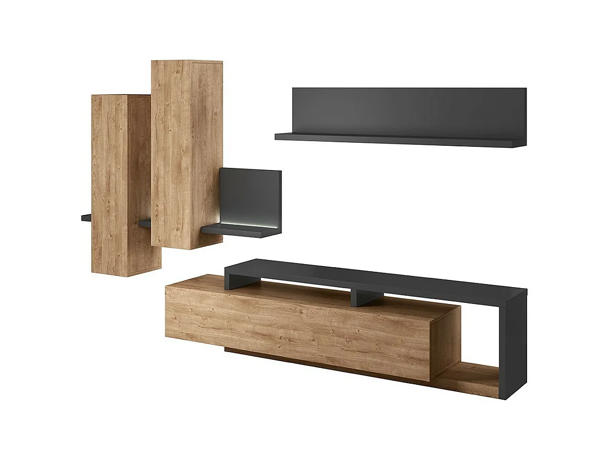 Conjunto de móveis para sala de estar com LED, coleção BERGAMO. Cores carvalho e cinza.