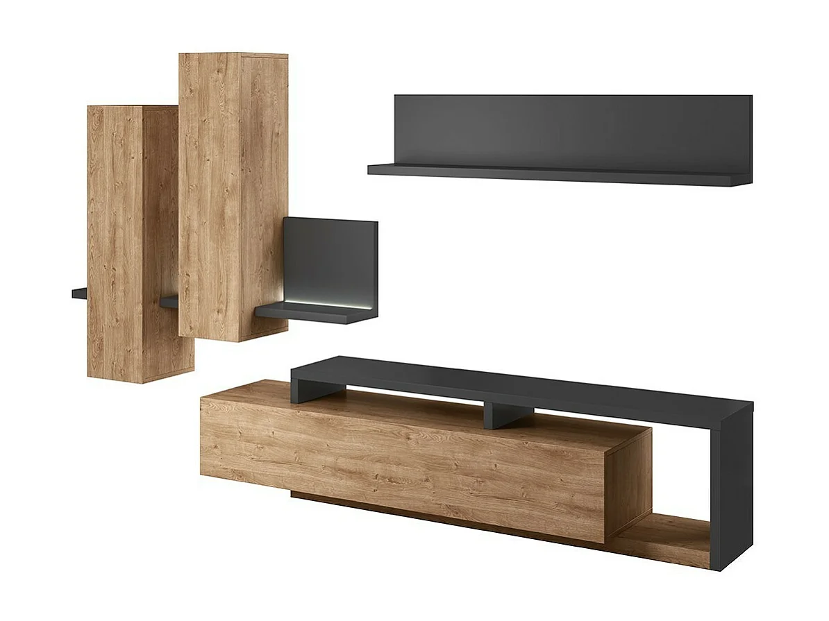 Ensemble meubles de salon avec LED collection BERGAME. Coloris chêne et gris.