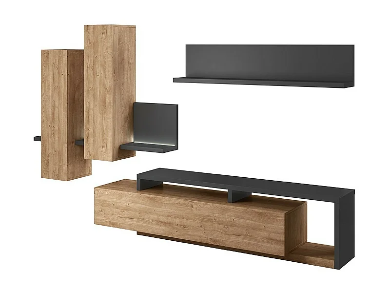 Set di mobili da soggiorno con LED collezione BERGAMO. Colori rovere e grigio.