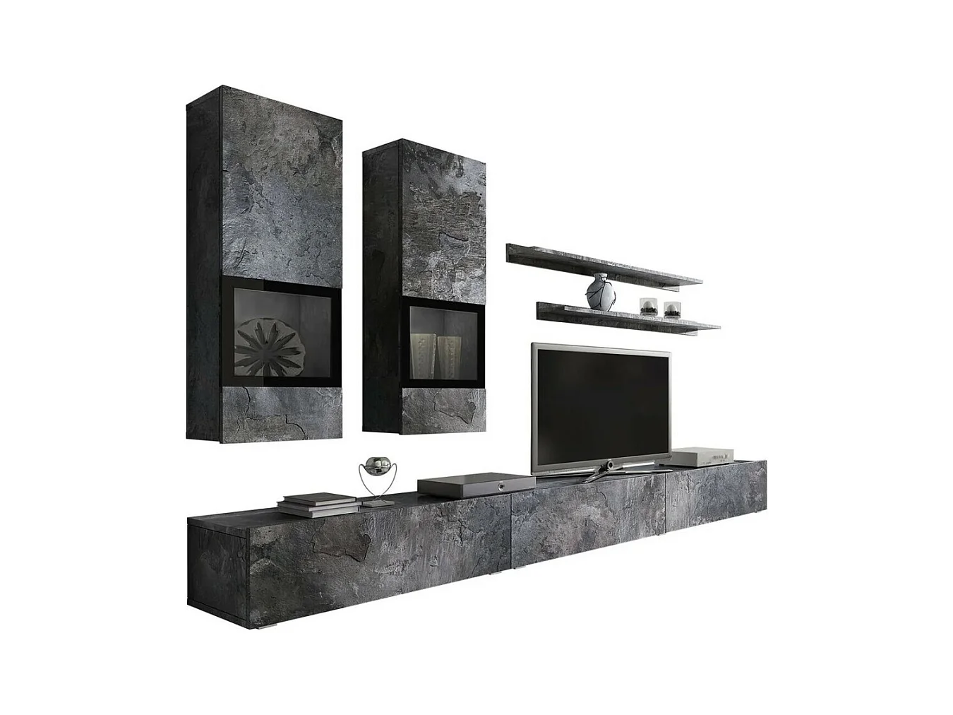 Set woonkamermeubels RAMOS - Leisteen grijs effect - Geïntegreerde multicolor LED