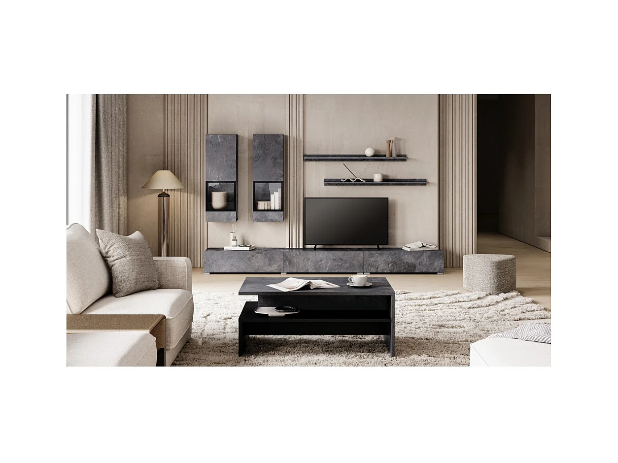 Set woonkamermeubels RAMOS - Leisteen grijs effect - Geïntegreerde multicolor LED