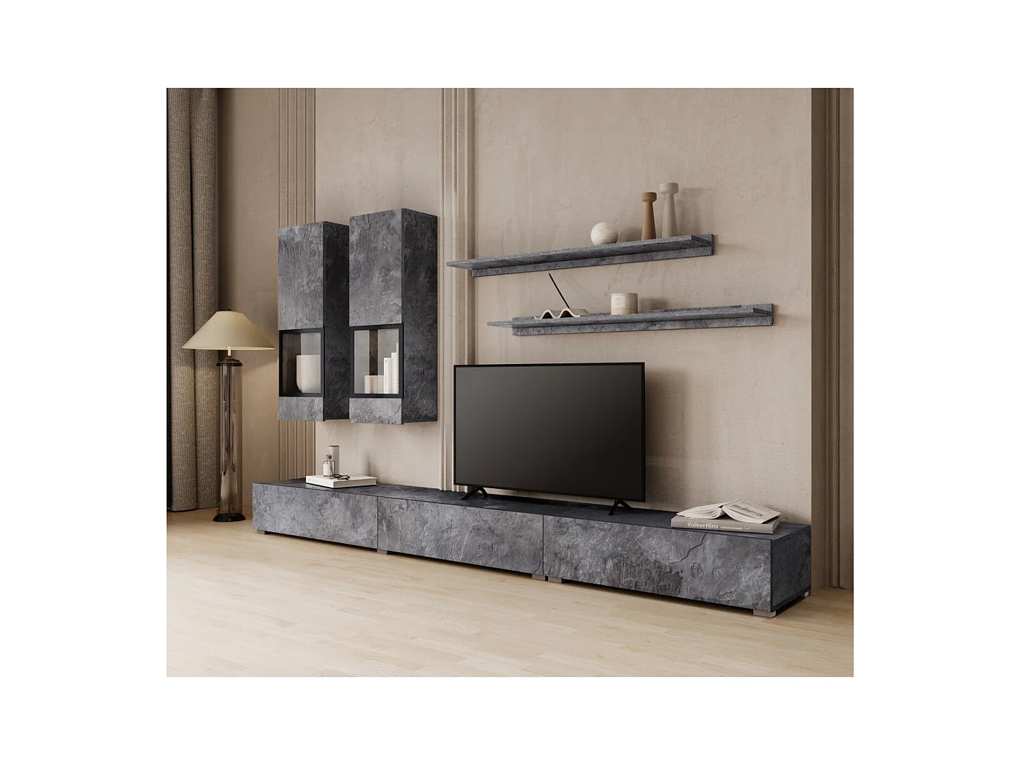 Conjunto de móveis para sala de estar da coleção RAMOS. Cor cinza efeito ardósia. LED integrado.