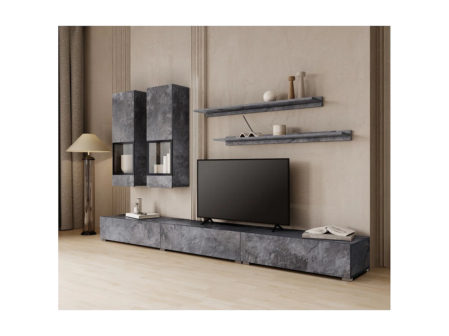 Ensemble meubles de salon RAMOS – Gris effet ardoise – LED multicolores intégrées