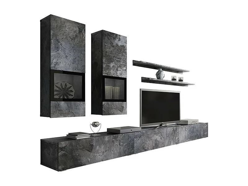 Ensemble meubles de salon RAMOS – Gris effet ardoise – LED multicolores intégrées