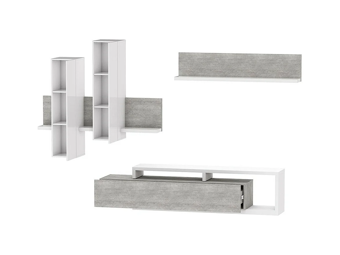 Conjunto de móveis para sala de estar com LED coleção BERGAMO. Cores branco e cinza concreto.